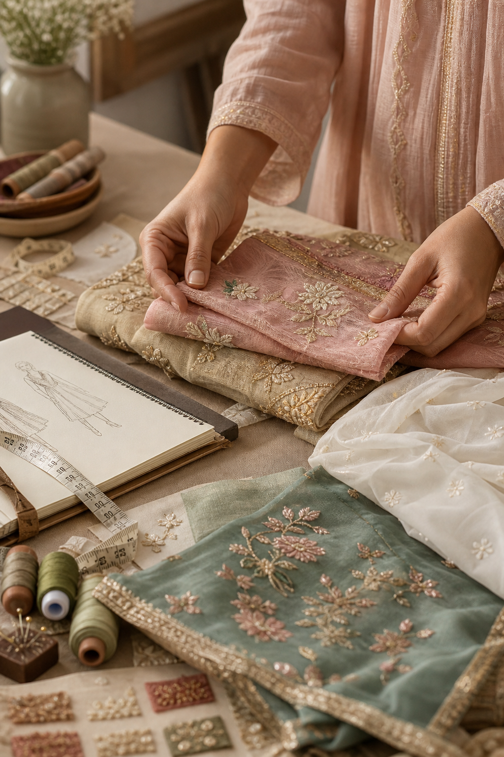 Reewaj design studio with fabric swatches